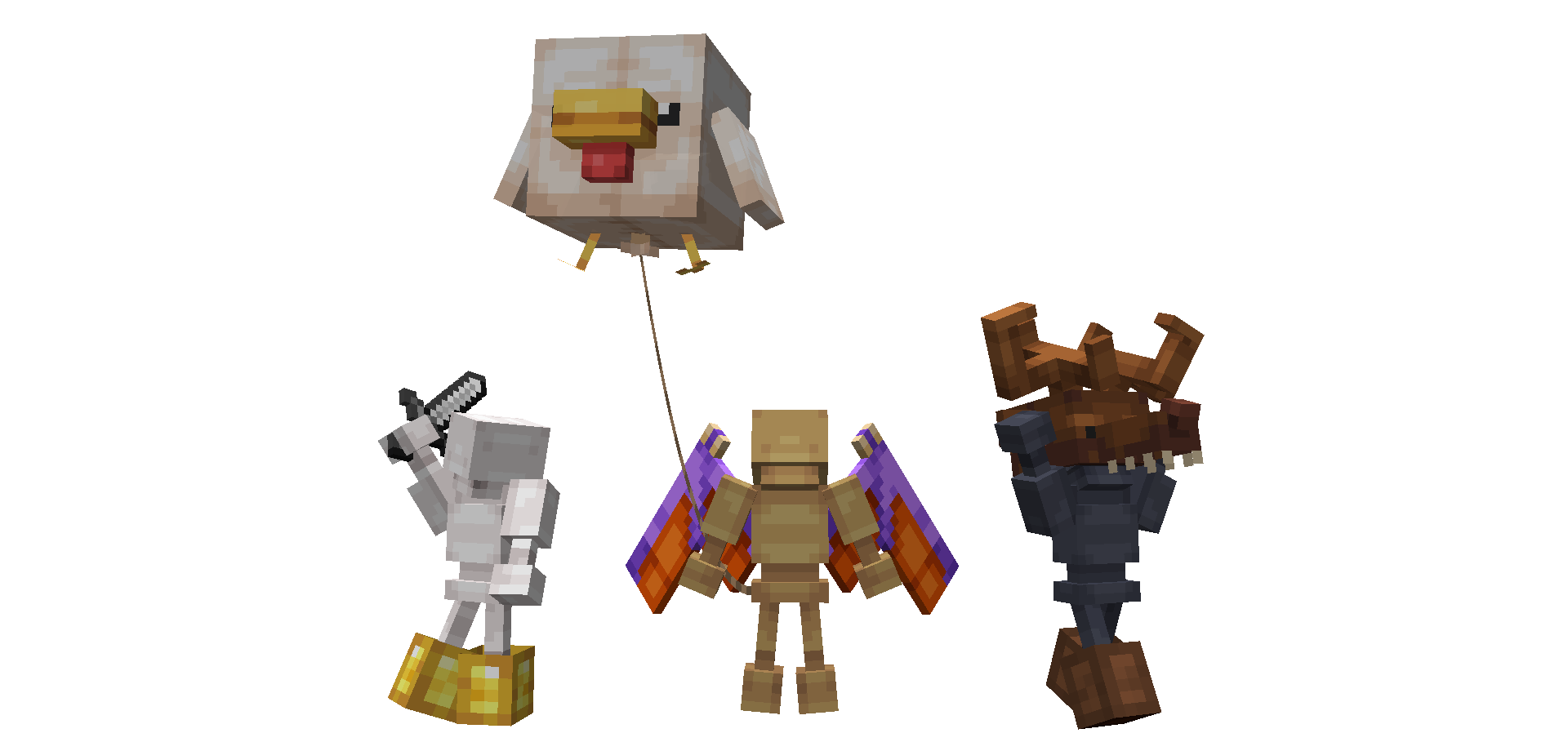 Mannequins wearing armour and elytra, with a chicken balloon